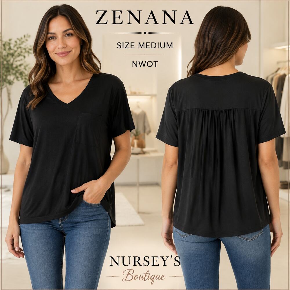 Zenana Black Mixed Media Pleated Back Pocket Tee Medium NWOT CT-3088